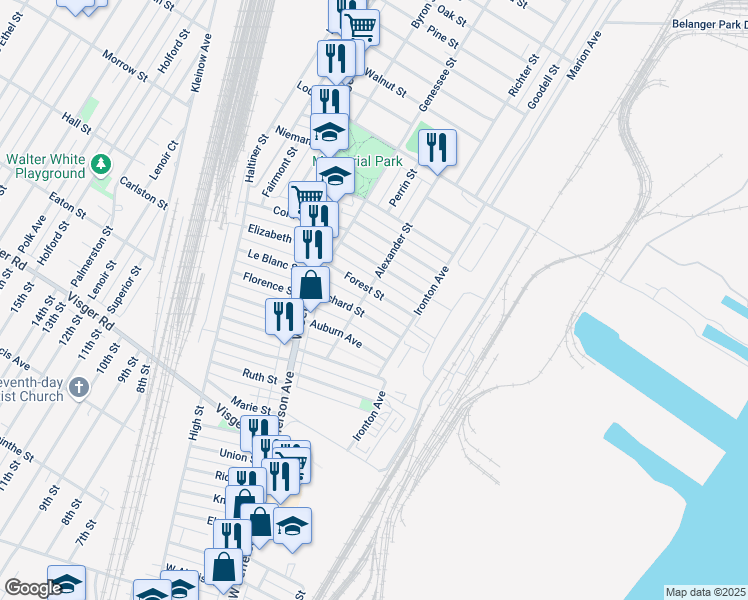 map of restaurants, bars, coffee shops, grocery stores, and more near 57 Orchard Street in River Rouge