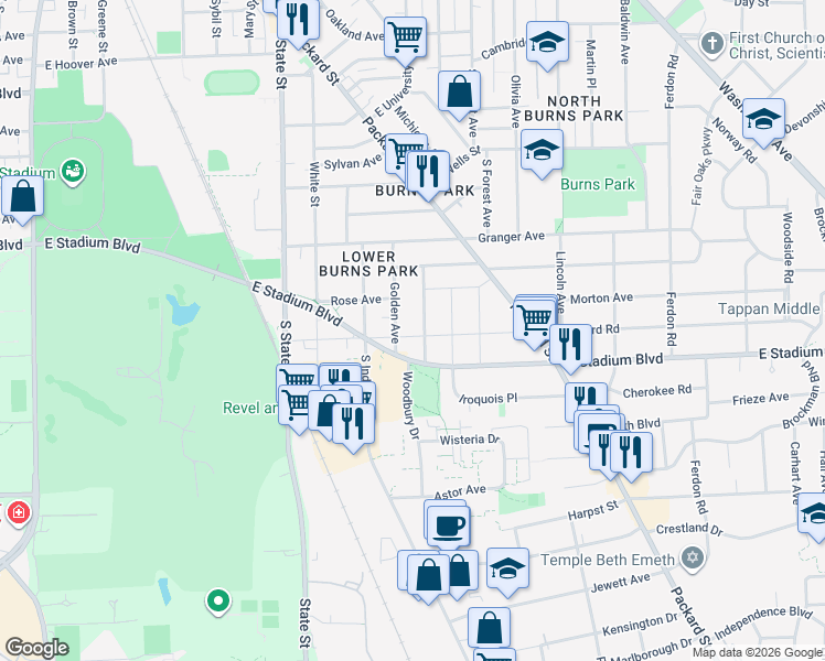 map of restaurants, bars, coffee shops, grocery stores, and more near 1111 Henry Street in Ann Arbor