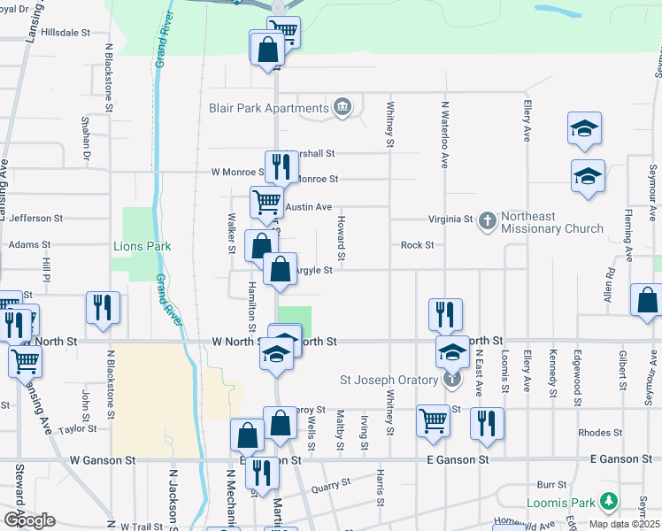 map of restaurants, bars, coffee shops, grocery stores, and more near 401 East Argyle Street in Jackson