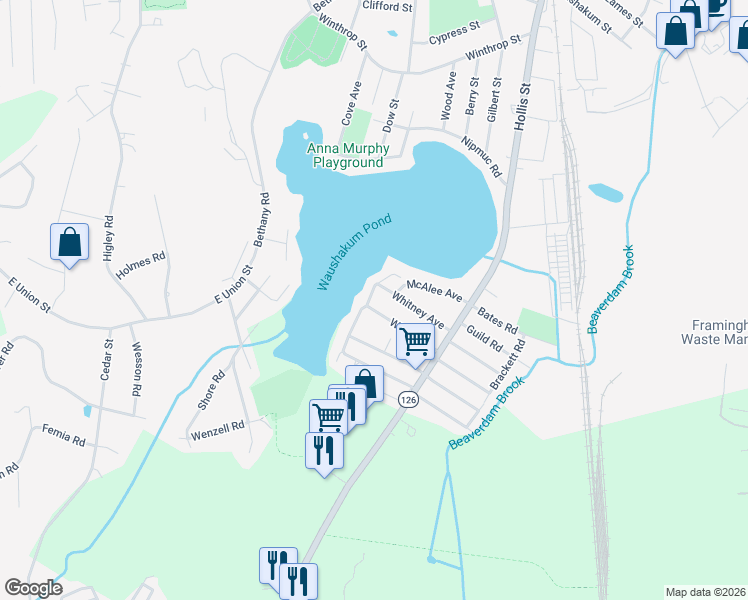map of restaurants, bars, coffee shops, grocery stores, and more near 7 Miller Avenue in Framingham