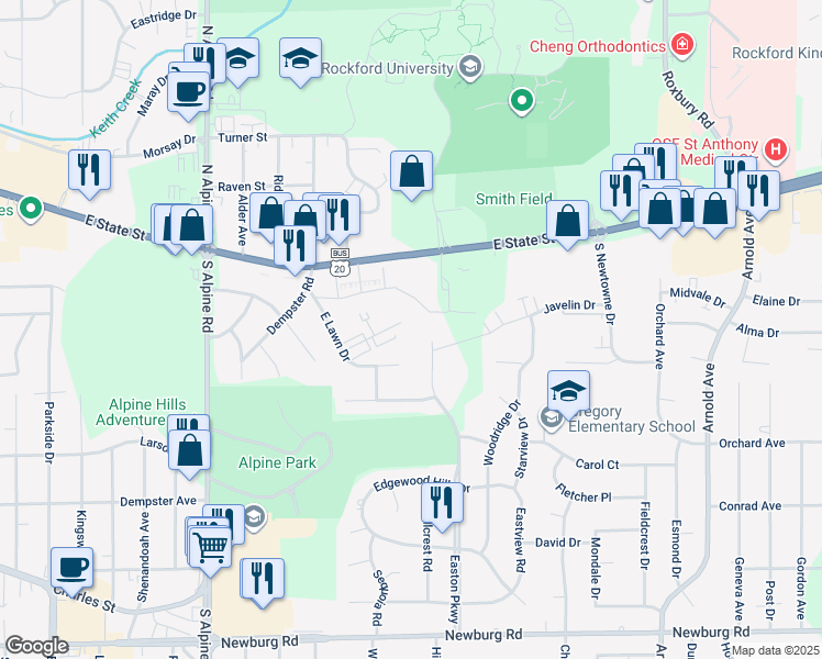 map of restaurants, bars, coffee shops, grocery stores, and more near 4879 Creek View Road in Rockford