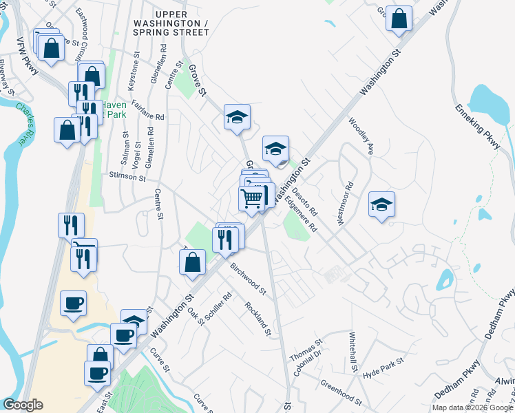 map of restaurants, bars, coffee shops, grocery stores, and more near 5165 Washington Street in Boston