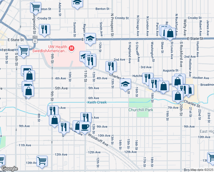 map of restaurants, bars, coffee shops, grocery stores, and more near 1646 5th Avenue in Rockford
