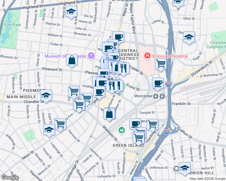 map of restaurants, bars, coffee shops, grocery stores, and more near in Worcester