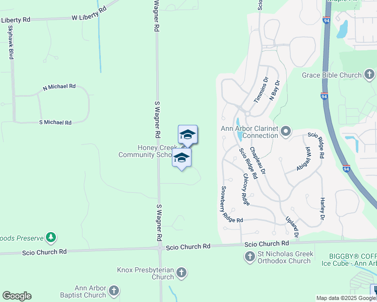 map of restaurants, bars, coffee shops, grocery stores, and more near 1735 South Wagner Road in Ann Arbor