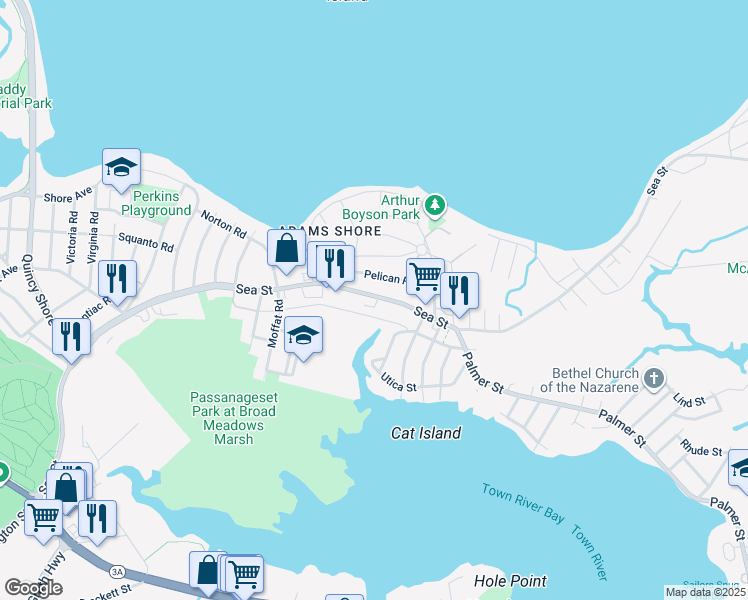 map of restaurants, bars, coffee shops, grocery stores, and more near 17 Pelican Road in Quincy