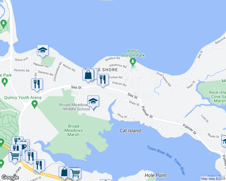 map of restaurants, bars, coffee shops, grocery stores, and more near 17 Pelican Road in Quincy
