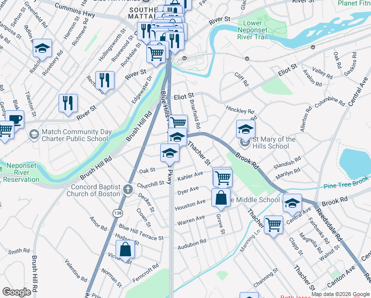 map of restaurants, bars, coffee shops, grocery stores, and more near 10 Thacher Street in Milton