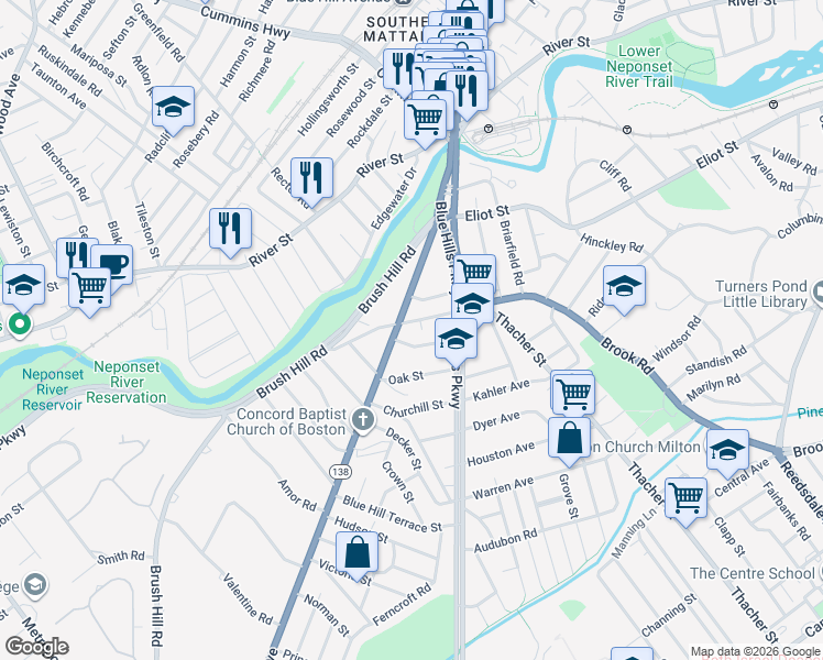 map of restaurants, bars, coffee shops, grocery stores, and more near 74 Blue Hill Avenue in Milton