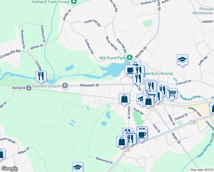map of restaurants, bars, coffee shops, grocery stores, and more near 89-91 Pleasant Street in Ashland