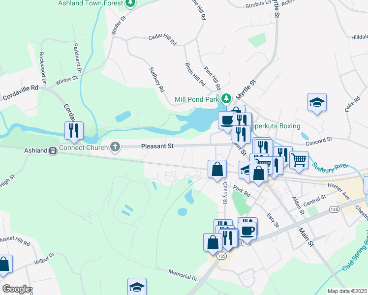 map of restaurants, bars, coffee shops, grocery stores, and more near 89-91 Pleasant Street in Ashland