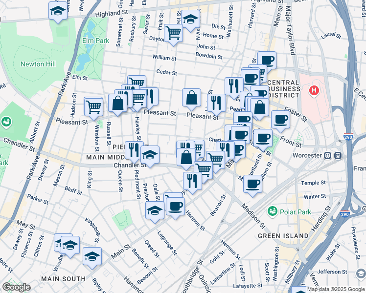 map of restaurants, bars, coffee shops, grocery stores, and more near 68 Chatham Street in Worcester