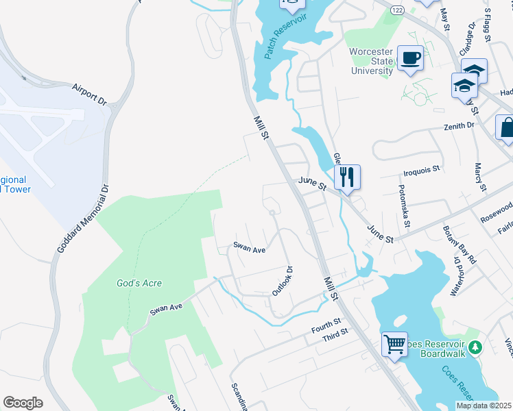 map of restaurants, bars, coffee shops, grocery stores, and more near 395 Mill Street in Worcester