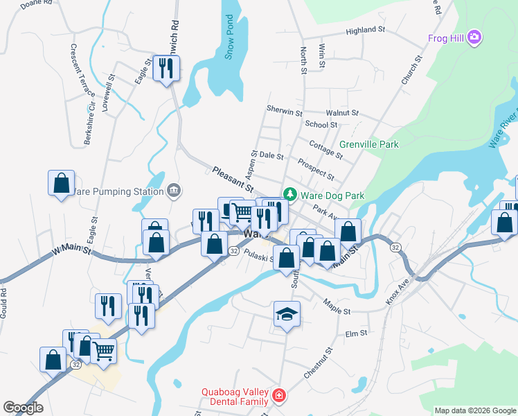 map of restaurants, bars, coffee shops, grocery stores, and more near 87 Pleasant Street in Ware