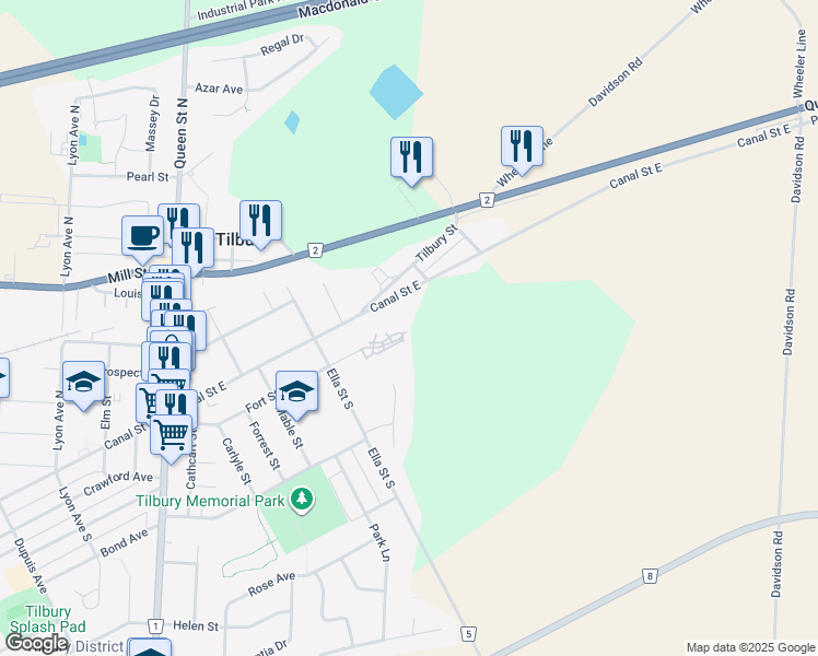 map of restaurants, bars, coffee shops, grocery stores, and more near 75 Canal Street East in Chatham-Kent