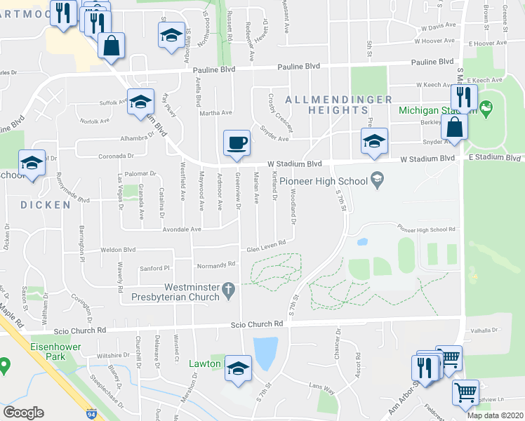 map of restaurants, bars, coffee shops, grocery stores, and more near 1500 Marian Avenue in Ann Arbor