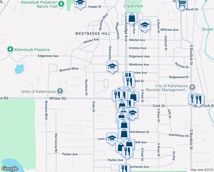 map of restaurants, bars, coffee shops, grocery stores, and more near 732 Garland Avenue in Kalamazoo
