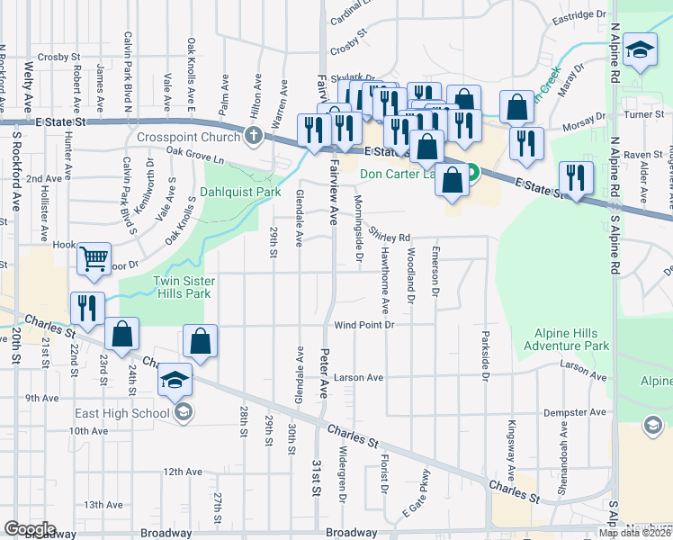 map of restaurants, bars, coffee shops, grocery stores, and more near 415 Fairview Avenue in Rockford