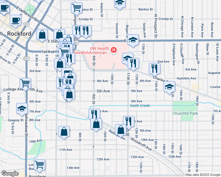 map of restaurants, bars, coffee shops, grocery stores, and more near 1359 4th Avenue in Rockford
