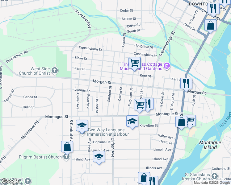 map of restaurants, bars, coffee shops, grocery stores, and more near 1108 Sanford Street in Rockford