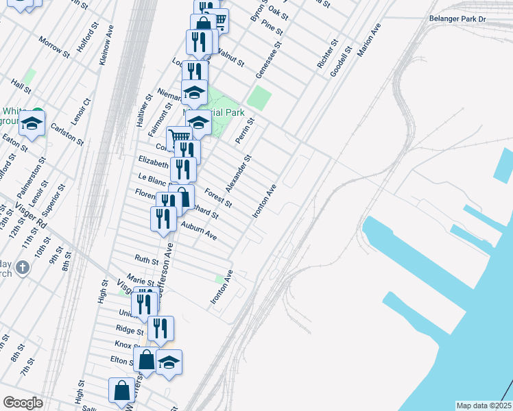 map of restaurants, bars, coffee shops, grocery stores, and more near 71 Hill Street in River Rouge