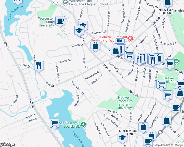 map of restaurants, bars, coffee shops, grocery stores, and more near 170 June Street in Worcester