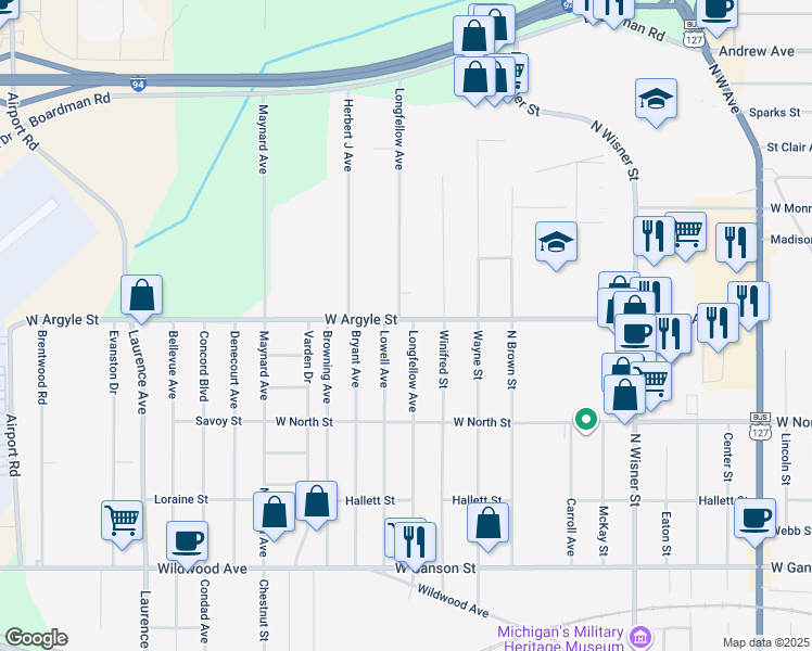 map of restaurants, bars, coffee shops, grocery stores, and more near 1040 Longfellow Avenue in Jackson