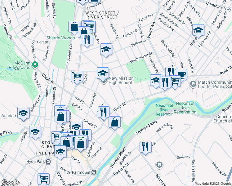 map of restaurants, bars, coffee shops, grocery stores, and more near 690 Metropolitan Avenue in Boston