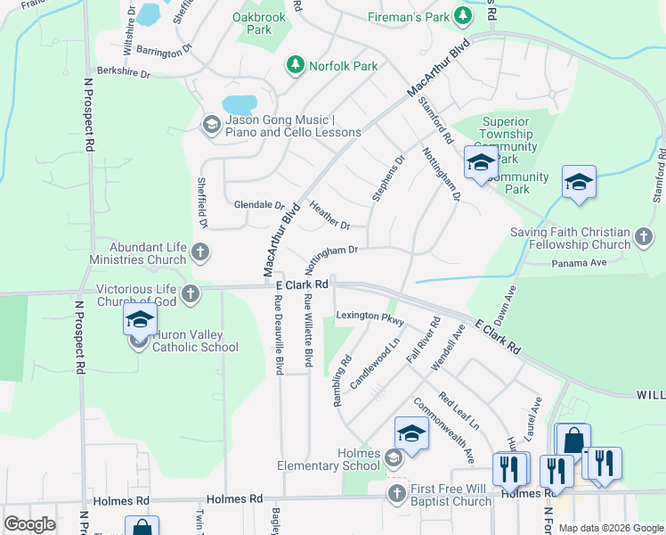 map of restaurants, bars, coffee shops, grocery stores, and more near 8745 Nottingham Drive in Superior Charter Township