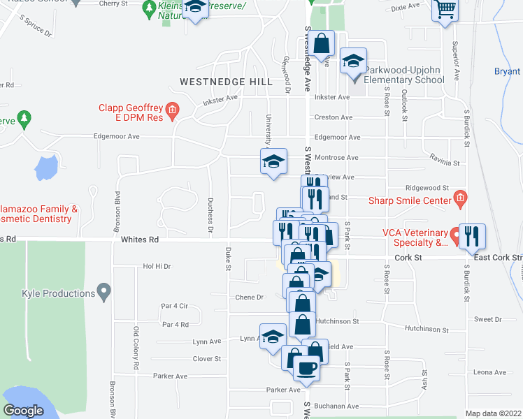 map of restaurants, bars, coffee shops, grocery stores, and more near 732 Garland Avenue in Kalamazoo