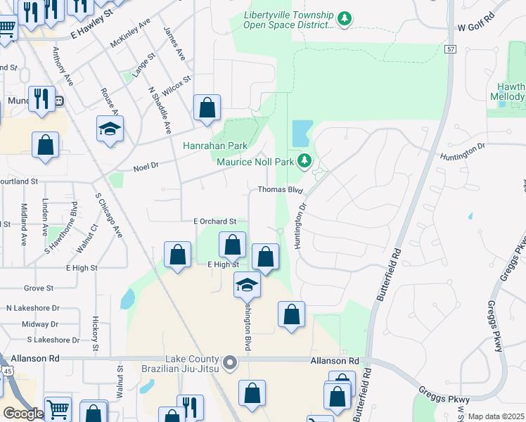 map of restaurants, bars, coffee shops, grocery stores, and more near 57 Washington Boulevard in Mundelein