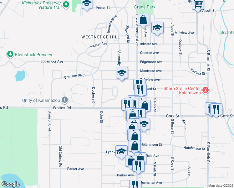 map of restaurants, bars, coffee shops, grocery stores, and more near 726 Garland Circle in Kalamazoo