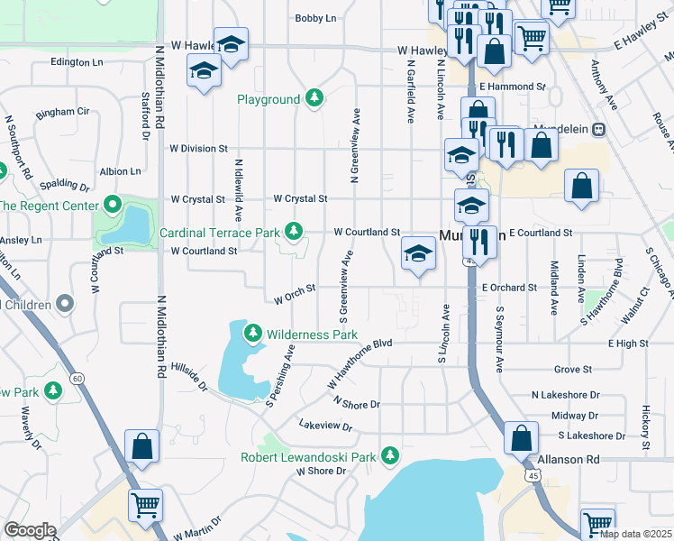 map of restaurants, bars, coffee shops, grocery stores, and more near 33 South Emerald Avenue in Mundelein