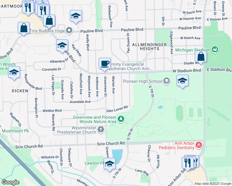 map of restaurants, bars, coffee shops, grocery stores, and more near 1500 Marian Avenue in Ann Arbor