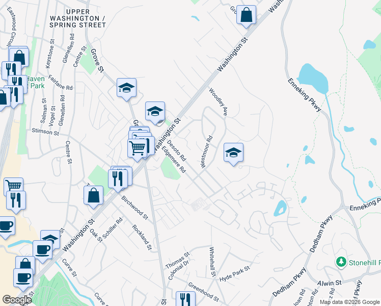 map of restaurants, bars, coffee shops, grocery stores, and more near 34 Westmoor Terrace in Boston