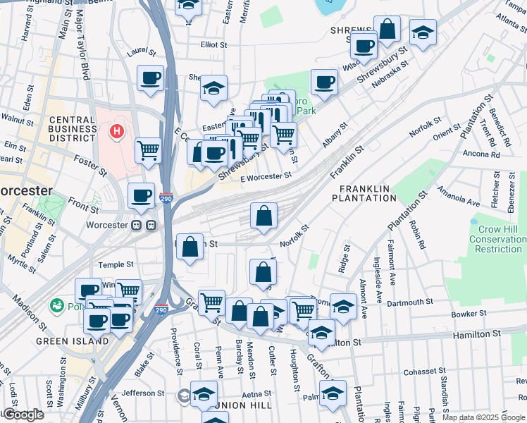 map of restaurants, bars, coffee shops, grocery stores, and more near 271 Franklin Street in Worcester