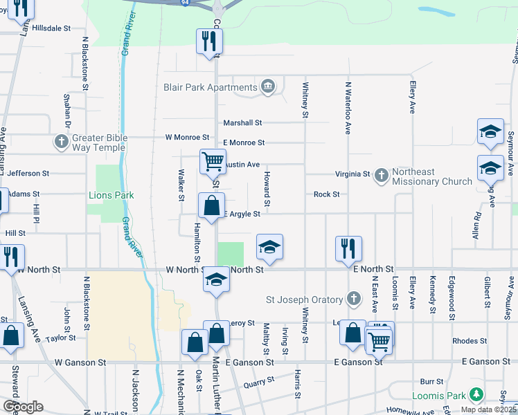 map of restaurants, bars, coffee shops, grocery stores, and more near 1117 Howard Street in Jackson