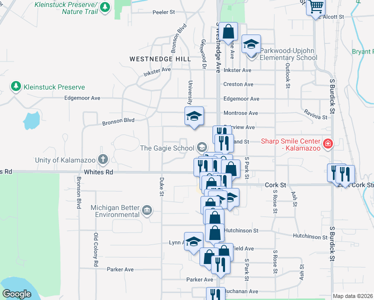 map of restaurants, bars, coffee shops, grocery stores, and more near 732 Garland Avenue in Kalamazoo