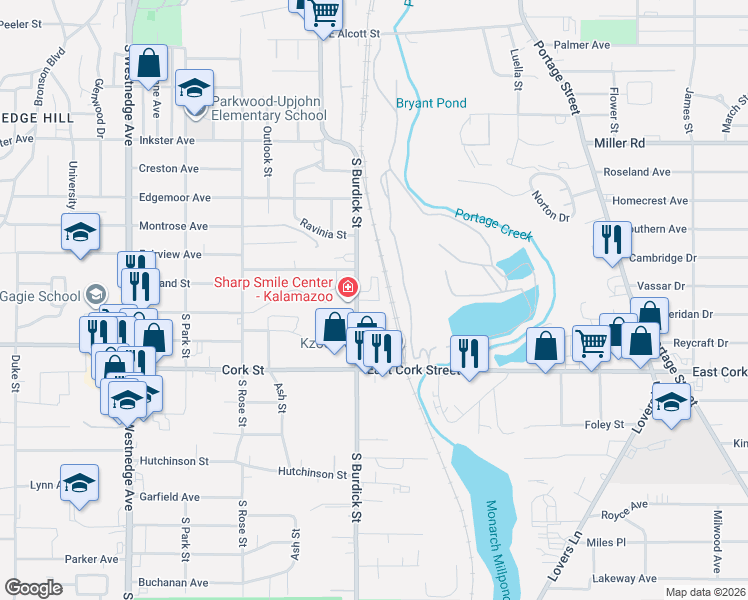 map of restaurants, bars, coffee shops, grocery stores, and more near 2831 South Burdick Street in Kalamazoo