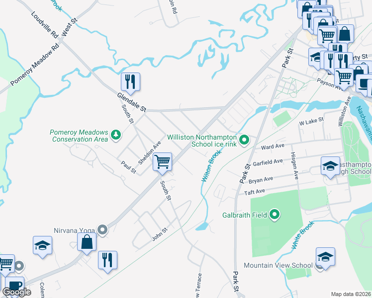 map of restaurants, bars, coffee shops, grocery stores, and more near 289 Main Street in Easthampton