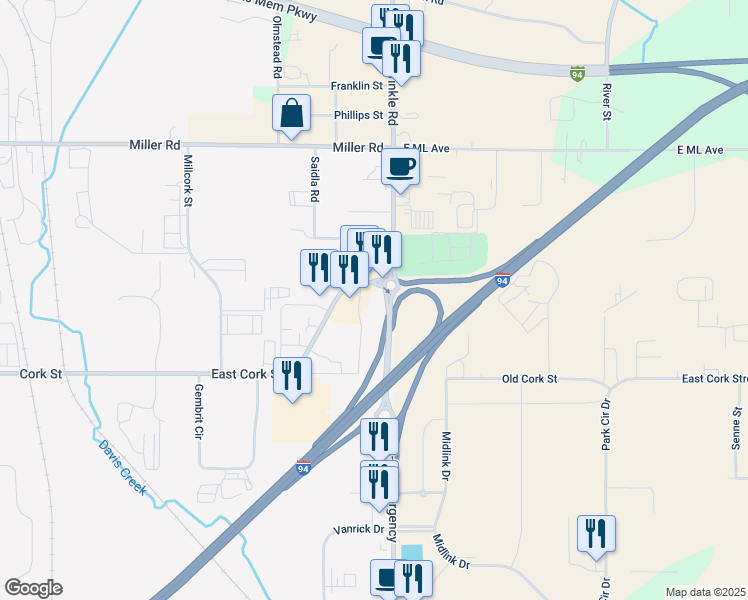 map of restaurants, bars, coffee shops, grocery stores, and more near 3810 East Cork Street in Kalamazoo