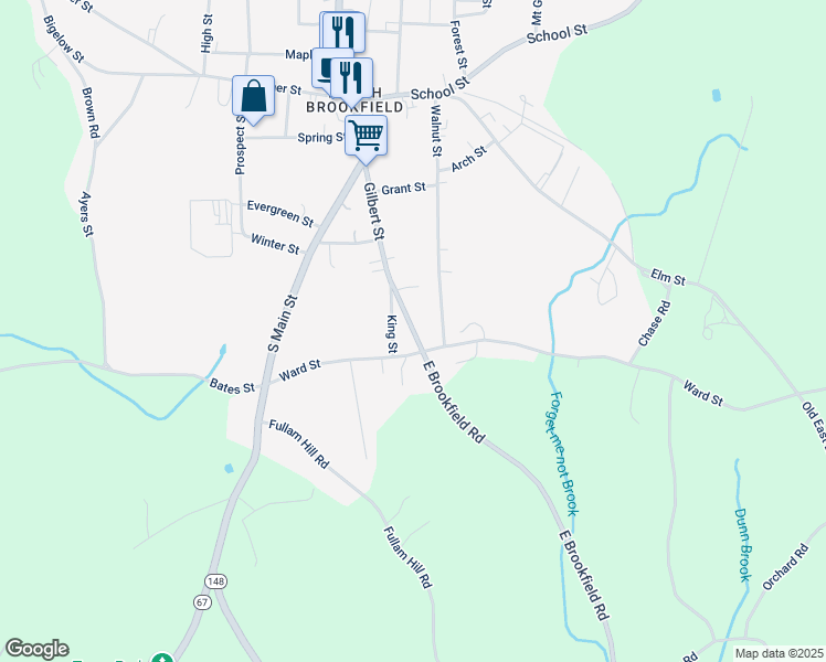 map of restaurants, bars, coffee shops, grocery stores, and more near 87 Gilbert Street in North Brookfield
