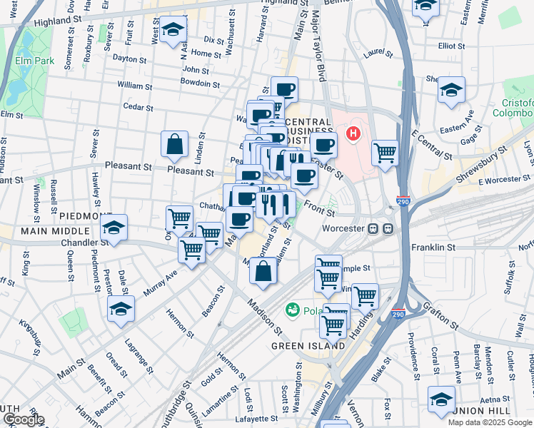 map of restaurants, bars, coffee shops, grocery stores, and more near 20 Franklin Street in Worcester
