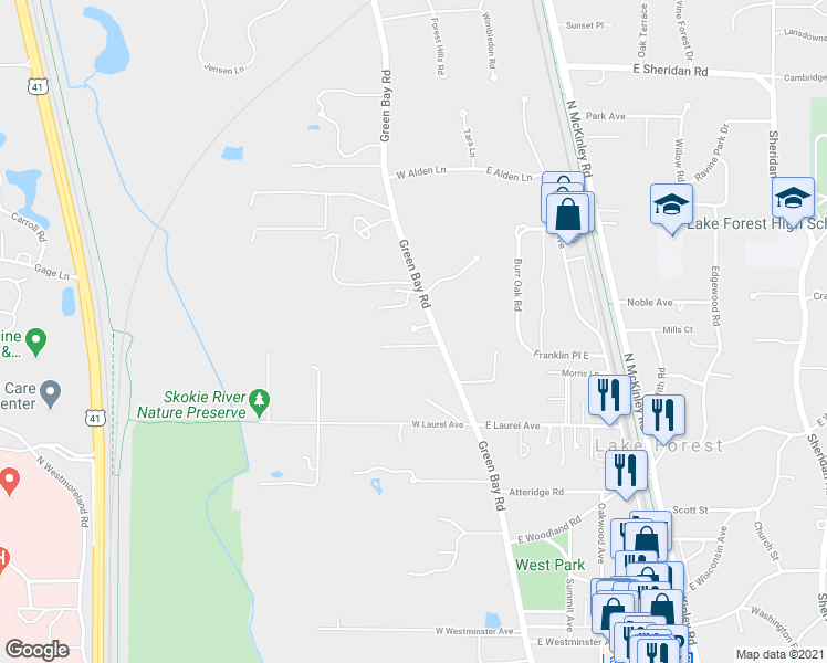 map of restaurants, bars, coffee shops, grocery stores, and more near 1230 N Green Bay Rd in Lake Forest