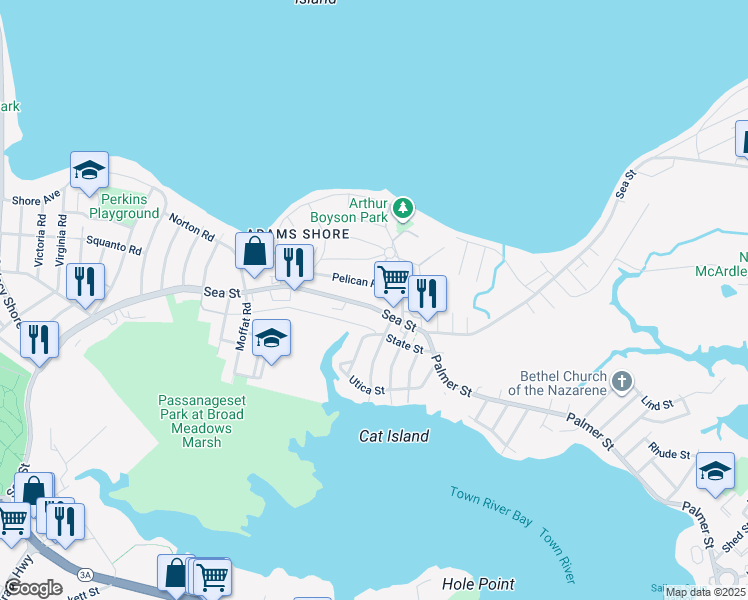 map of restaurants, bars, coffee shops, grocery stores, and more near 47 Pelican Road in Quincy
