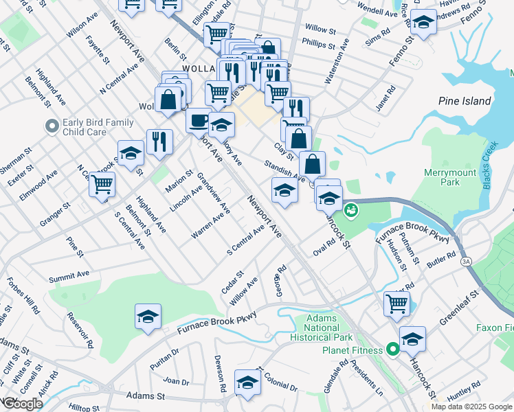 map of restaurants, bars, coffee shops, grocery stores, and more near 115 Old Colony Avenue in Quincy