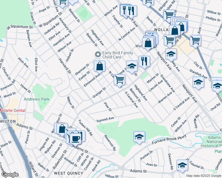 map of restaurants, bars, coffee shops, grocery stores, and more near 14 Granger Street in Quincy