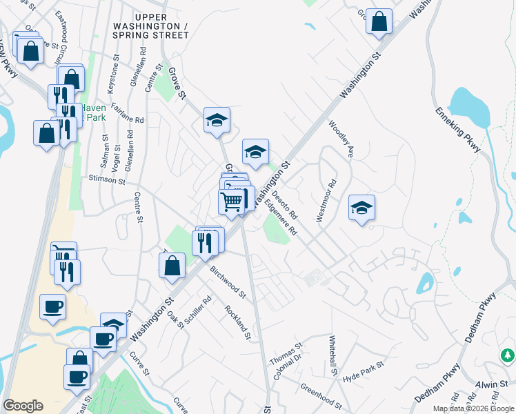 map of restaurants, bars, coffee shops, grocery stores, and more near 5160 Washington Street in Boston