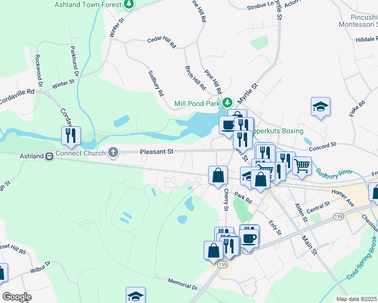 map of restaurants, bars, coffee shops, grocery stores, and more near 89-91 Pleasant Street in Ashland