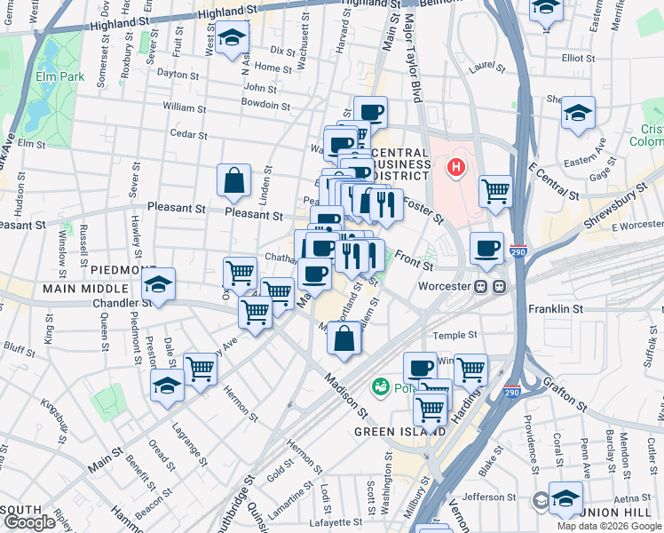 map of restaurants, bars, coffee shops, grocery stores, and more near in Worcester